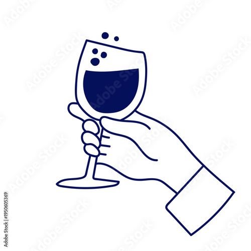 Hand drawn vector illustration of hand holding wine glass with bubbles. Minimalist blue contour line art isolated on white background for restaurant menu, wine tasting