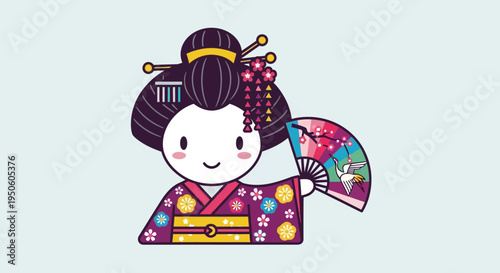 Cute Kawaii Geisha Holding a Fan with Crane Design