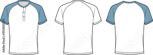 Classic raglan sleeve henley t-shirt mockup with button placket and contrasting sleeves for casual wear and apparel