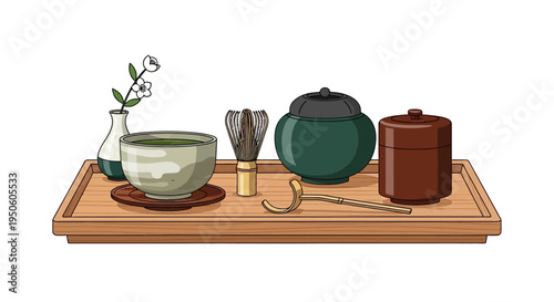 Japanese Matcha Tea Ceremony Set on Tray: Whisk, Bowl, Container, Spoon