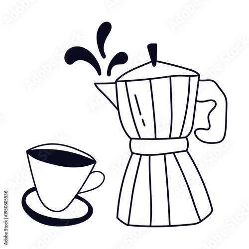 Hand-drawn vector illustration of an Italian moka pot pouring coffee into a cup with splashes. Minimalist black contour line art isolated on white background for cafe menu and coffee shop branding.