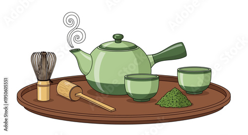 Japanese Matcha Tea Ceremony Set: Whisk, Bowl, Teapot, and Powder on Tray
