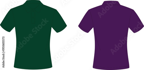 Flat of a dark green polo shirt front and a deep purple polo shirt back on a white background t-shirt