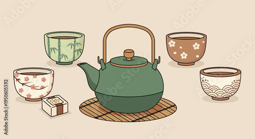 Japanese Tea Ceremony Set: Green Teapot, Cups, and Sweet