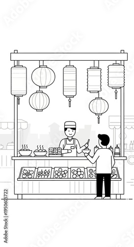 Street Food Vendor Serving Customer at Asian Night Market Stall with Lanterns