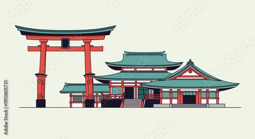 Traditional Japanese Temple Gate and Buildings with Green Roofs