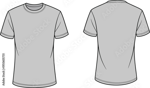 Simple heather grey crew neck t-shirt mockup showing front and back views for basic apparel and clothing templates