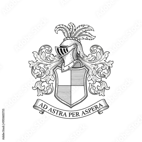 Elegant vintage heraldic crest design featuring a knight's plumed helmet, intricate shield, and the inspiring Latin motto 'Ad Astra Per Aspera', symbolizing ambition