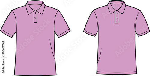 Two flat of short-sleeved pastel pink polo shirts presented frontally with collars and button plackets on a white background