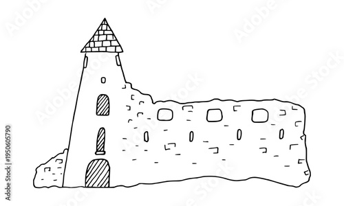 Ancient European fortress wall in Cortina d'Ampezzo black contour hand drawn by ink. Vector doodle architecture illustration.