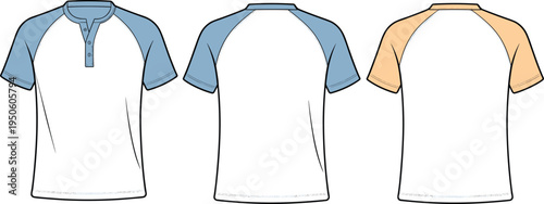 Versatile raglan sleeve henley t-shirt template with contrasting sleeve colors in blue and peach for customizable apparel