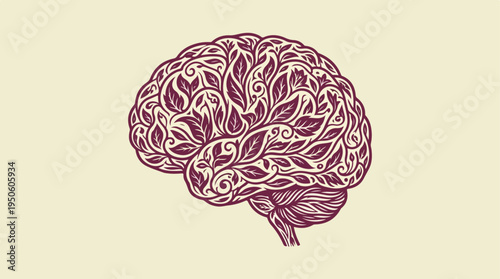 Artistic human brain illustration with intricate leaf patterns symbolizing growth and natural thought processes.