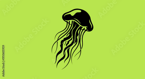 Black Jellyfish Silhouette on Bright Green Background.