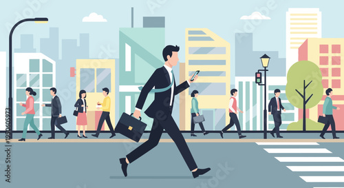 Businessman rushing to work on phone, busy city street, people commuting, urban lifestyle