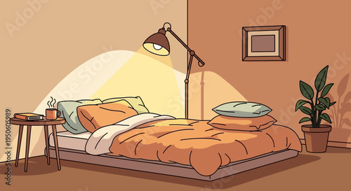 Cozy Bedroom Corner with Warm Lamp Light, Bed, Plant, and Book