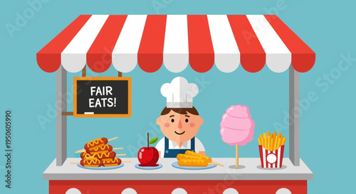 Cartoon chef serving fair food at a colorful stall with cotton candy, fries, and corn dogs