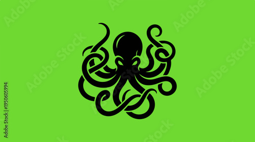 Black Octopus with Intricate Tentacles on a Vibrant Green Background.