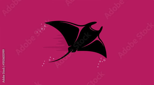 Black Manta Ray Silhouette Swimming Gracefully Underwater.