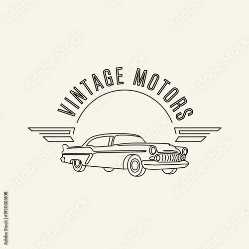 Elegant line art emblem showcasing a vintage American classic car with decorative wings and 'Vintage Motors' text, perfect for retro automotive branding and enthusiast clubs