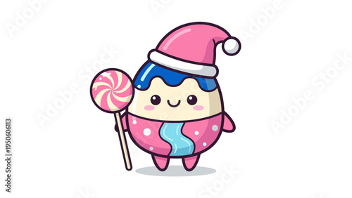 A cute cartoon character wearing a pink sleeping hat and holding a delicious swirl lollipop treat Vector