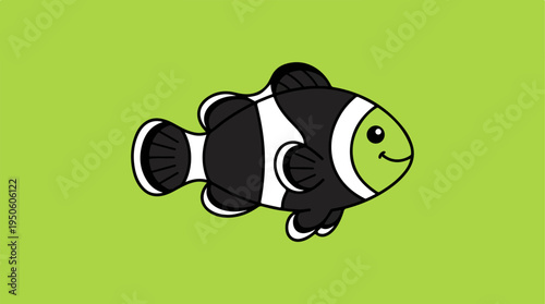Cute Black and White Clownfish Illustration on a Green Background.
