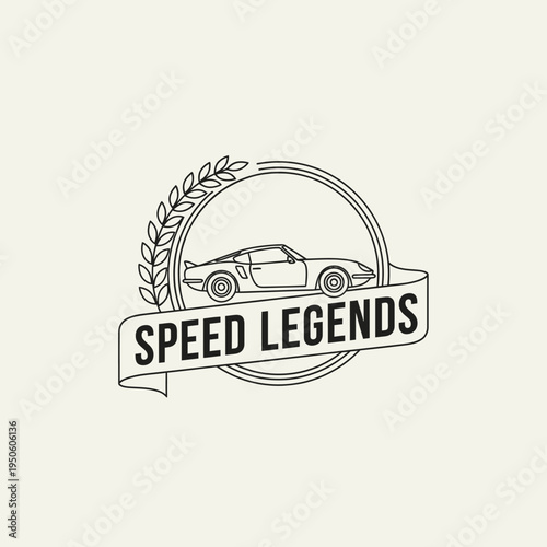 Monochrome vintage sports car badge, classic automobile emblem with laurel wreath, banner. Ideal for automotive heritage branding, racing clubs, speed enthusiasts