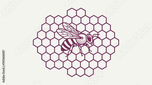 Detailed Illustration of a Bee on a Honeycomb.