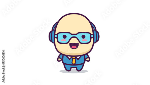 A cute cartoon illustration of a bald man wearing blue glasses and headphones in a professional suit Vector