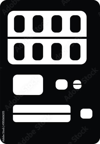 Black silhouette icon of a vending machine with multiple product slots and buttons