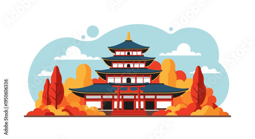 Vibrant Japanese Pagoda Temple with Autumn Foliage and Torii Gate