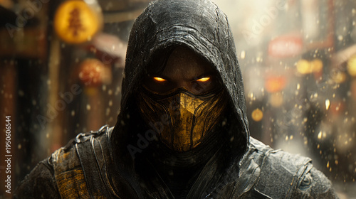 Wallpaper Mural Mysterious hooded figure with glowing eyes in dark attire standing alone in a rainy city street at night with blurred background and lanterns Torontodigital.ca