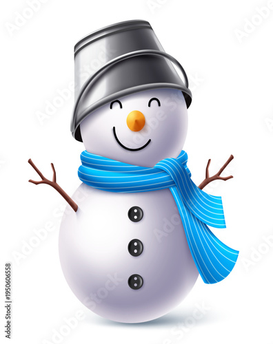 Cute snowman character with metal bucket hat, blue scarf and twig arms in playful 3D cartoon illustration style isolated on light background for winter design.