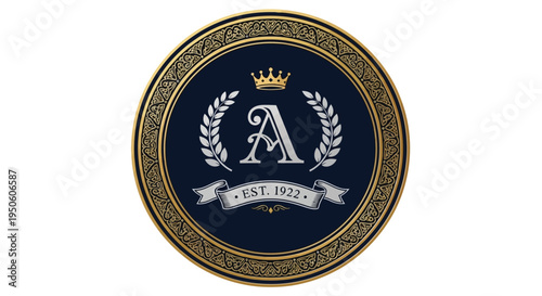 Elegant classic circular emblem with a majestic crowned initial 'A', adorned with laurel wreaths and a vintage banner, framed in luxurious gold and deep blue, signifying heritage and prestige
