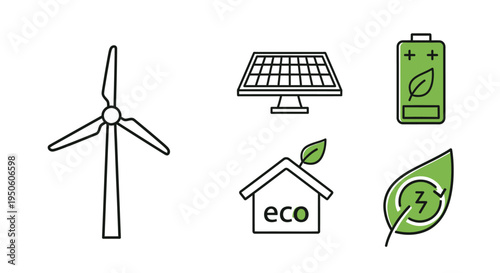 Renewable Energy and Sustainable Technology Icons Set. Eco-friendly Green Power Concepts for Environment Protection.