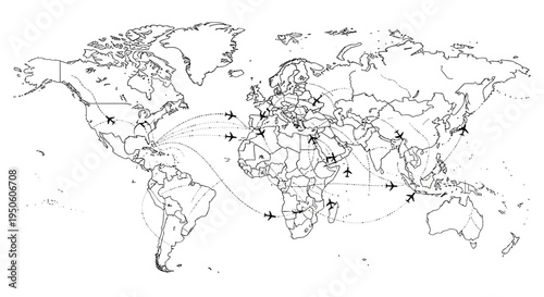 Detailed black and white world map illustrating global air travel routes, international transportation, and flight connections with airplane icons.