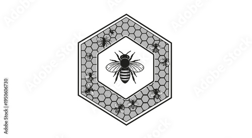 Detailed monochrome bee within a hexagonal honeycomb frame. Vintage style illustration, ideal for nature, apiary, and organic designs.