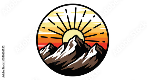Retro Mountain Sunset or Sunrise Graphic Illustration with Sun Rays, Alpine Peaks, and Warm Sky Colors