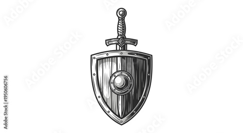 Black and White Engraved Shield and Sword Illustration. Vintage Medieval Knight Weaponry, Heraldry, and Fantasy Design.