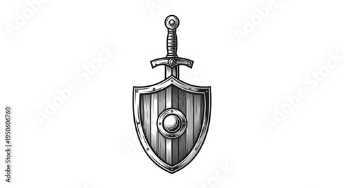 Medieval Knight's Sword and Shield Emblem. Detailed Engraving Style Illustration. Symbol of Protection, Strength, and Valor.