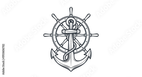 Vintage Nautical Anchor and Ship Wheel Emblem Illustration. Classic marine sailing helm with rope, vector graphic for sea travel and adventure.