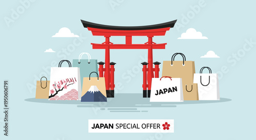 Japan Shopping Special Offer: Torii Gate, Fuji, Sakura, Shopping Bags, Travel Concept