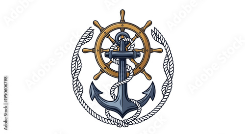 Classic nautical emblem illustration with ship's wheel, anchor, and rope. Vintage maritime design for sailing and sea travel.
