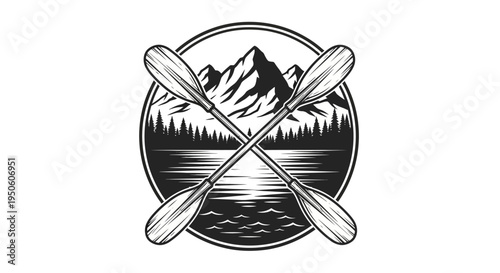 Vintage style outdoor adventure badge with crossed paddles, towering mountains, serene lake, and forest trees for kayaking and canoeing concepts.