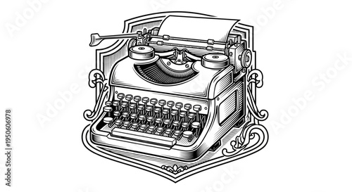 Vintage Typewriter Illustration in Engraving Style with Ornate Shield, Retro Writing Machine Emblem, Black & White Creative Logo Element