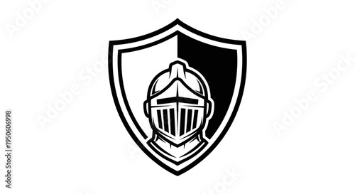 Medieval Knight Helmet and Split Shield Emblem Vector Graphic. Classic Warrior Headgear on Heraldic Crest Design.
