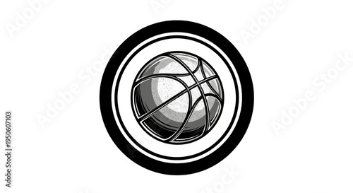Monochromatic basketball icon in a circular frame, representing sports, games, and athletic activity in a minimalist style.