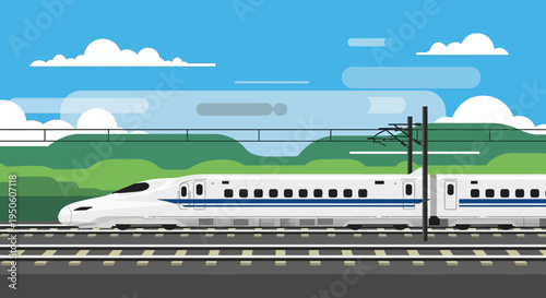 Modern High-Speed Train Traveling on Tracks Through Green Landscape