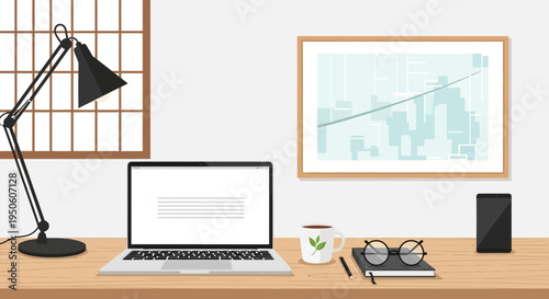 Modern Home Office Desk with Laptop, Lamp, Coffee, and Financial Chart