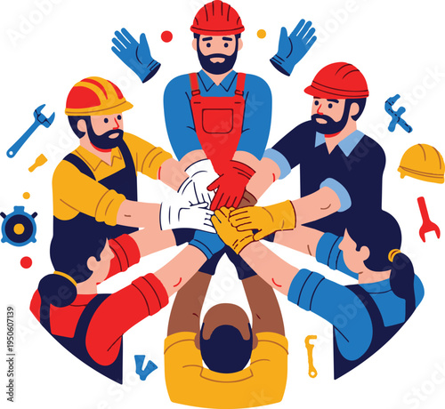A diverse group of construction workers stacking their hands together in a sign of team unity Vector