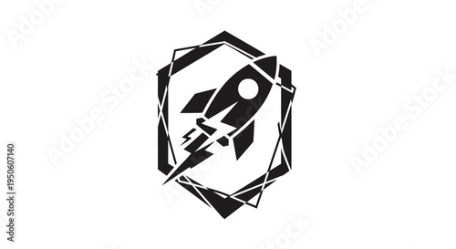 Dynamic rocket launch illustration with hexagon frame, symbolizing startup success, rapid growth, innovation, and technological progress.
